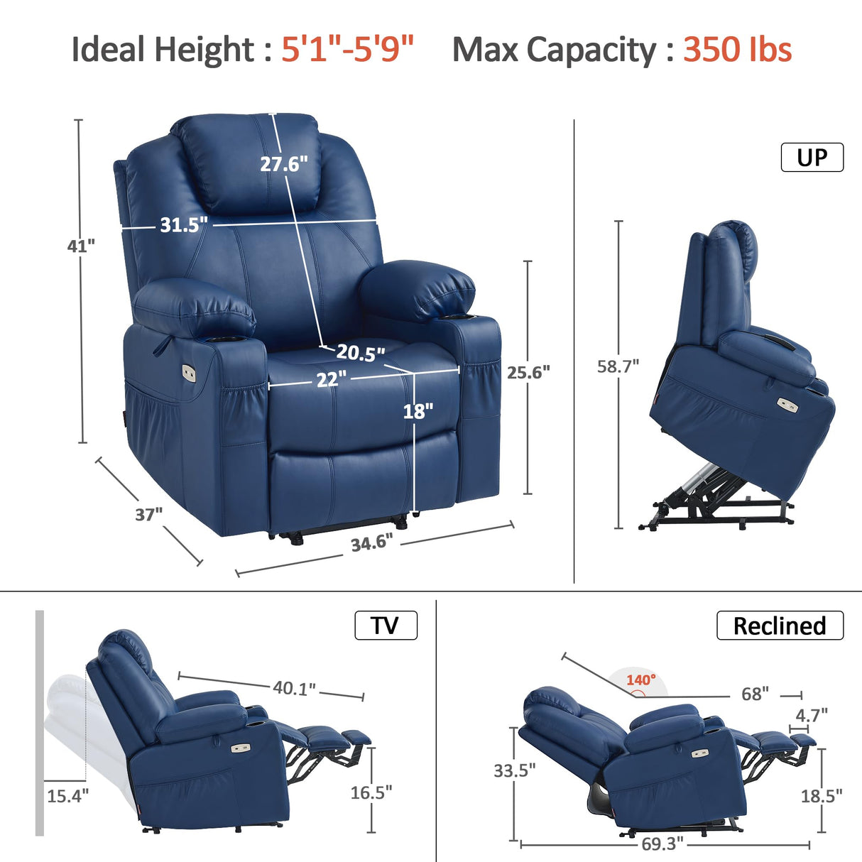 MCombo Electric Power Lift Recliner Chair Sofa with Massage and Heat for Elderly, 3 Positions, 2 Side Pockets, and Cup Holders, USB Ports, Faux Leather 7040 (Blue, Medium) MCombo