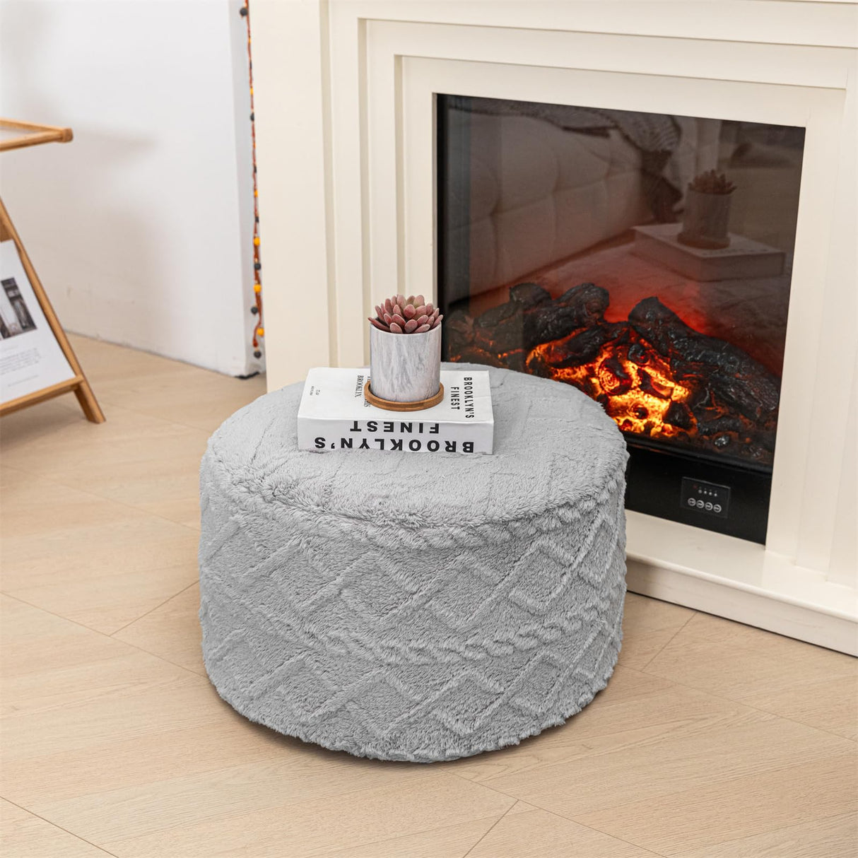 Beawelkomjo Pouf Ottoman Stuffed 20x20x12 Inches Floor Pouf Plush Fiber Ottoman Foot Rest Under Desk Foot Stool for Living Room Bedroom (Light Gray Pouf with Filler) Beawelkomjo