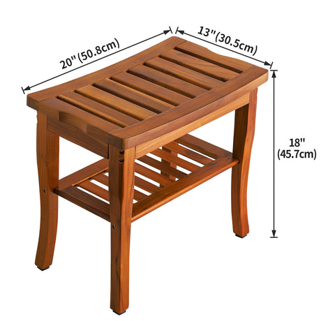 VaeFae Teak Shower Bench, Spa Bath Shower Stool with Storage Shelf, Wooden Seat Stool for Bathroom VaeFae