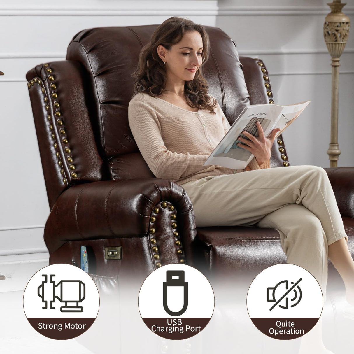 HAOMARKETS Classic Power Recliner Chair with Massage and Heat, Breathable Faux Leather Electric Recliner with USB Port, Overstuffed Reclining Sofa with Rivets for Living Room HAOMARKETS