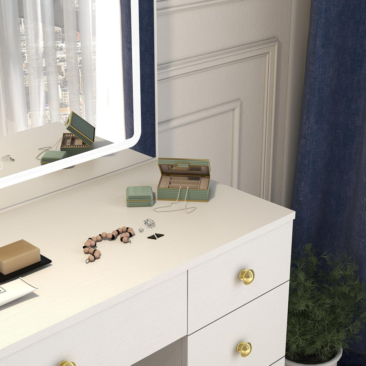 Makeup Vanity with Large Lighted Mirror, Vanity Desk with 5 Drawers Vanity Set with Power Outlet 3 Color Lighting Modes Dressing Table for Women Girls (White) Panana