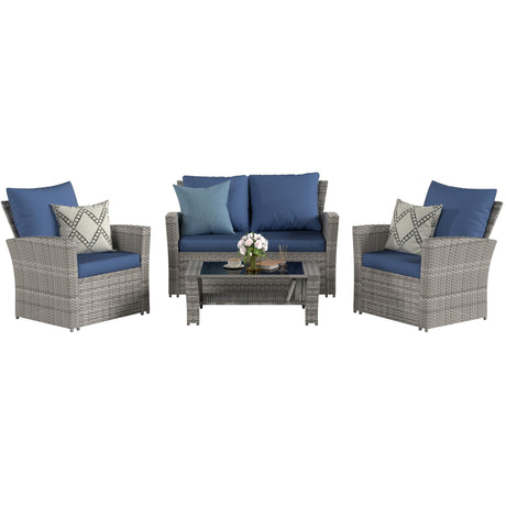 VONZOY Wicker Patio Furniture Set, 4 Piece Outdoor Sectional Sofa Sets, Gray PE Rattan Patio Conversation Set for Balcony, Porch, Navy VONZOY