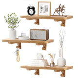 omedecal Wooden Floating Shelves for Wall, 15.7" W x 6" D x 0.6" H Large Wall Shelves, Hanging Storage Shelf with Hooks for Living Room, Kitchen, Bathroom, Bedroom Decor, Natural, 3 Packs omedecal