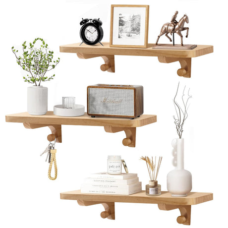 omedecal Wooden Floating Shelves for Wall, 15.7" W x 6" D x 0.6" H Large Wall Shelves, Hanging Storage Shelf with Hooks for Living Room, Kitchen, Bathroom, Bedroom Decor, Natural, 3 Packs omedecal
