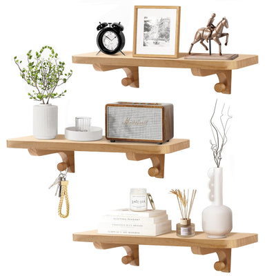 omedecal Wooden Floating Shelves for Wall, 15.7" W x 6" D x 0.6" H Large Wall Shelves, Hanging Storage Shelf with Hooks for Living Room, Kitchen, Bathroom, Bedroom Decor, Natural, 3 Packs