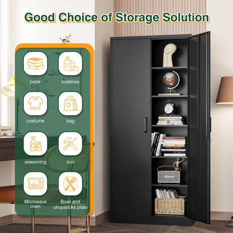 Letaya Metal Black Storage Cabinet with Lock-71 Tall Metal Pantry Cabinets,5 Adjustable Shelves and Lock Door for Home,Office,Warehouse,Utility Room Letaya