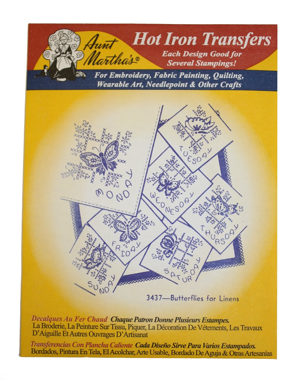 Aunt Martha's Iron On Transfer Patterns for Stitching, Embroidery or Fabric Painting, Days of the Week Patterns, Set of 5 Aunt Martha's
