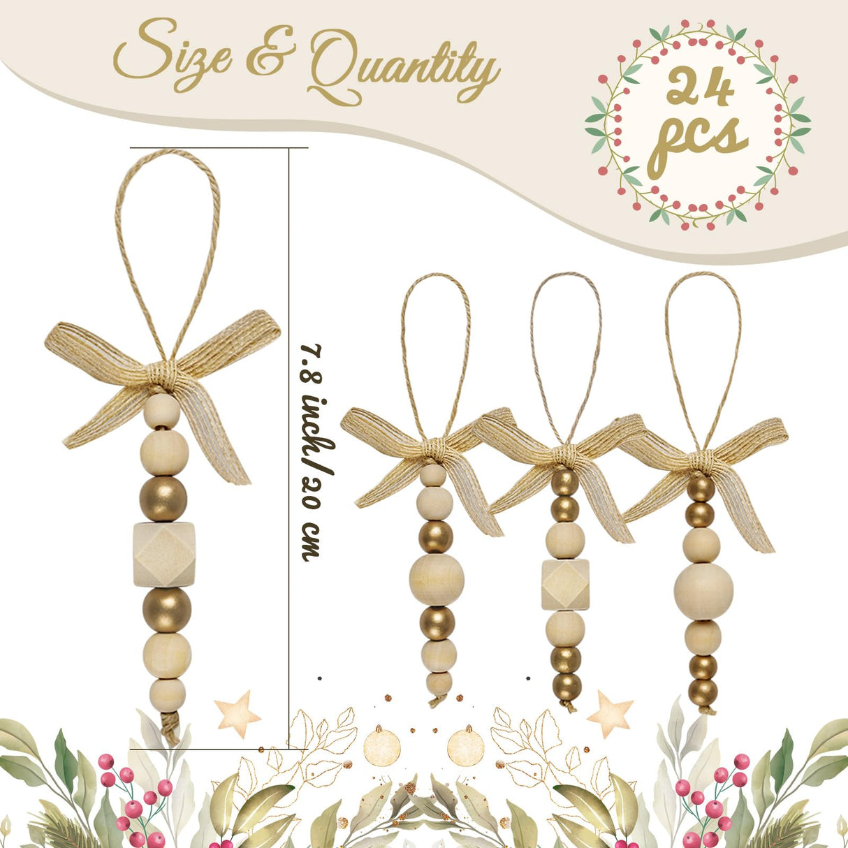 OurWarm 24Pcs Wooden Beads Christmas Tree Ornaments Wood Beads, Boho Christmas Decor Christmas Tree Beads with Gold Beads & Bowknot, Farmhouse Christmas Tree Decorations for Christmas Tree Decor OurWarm