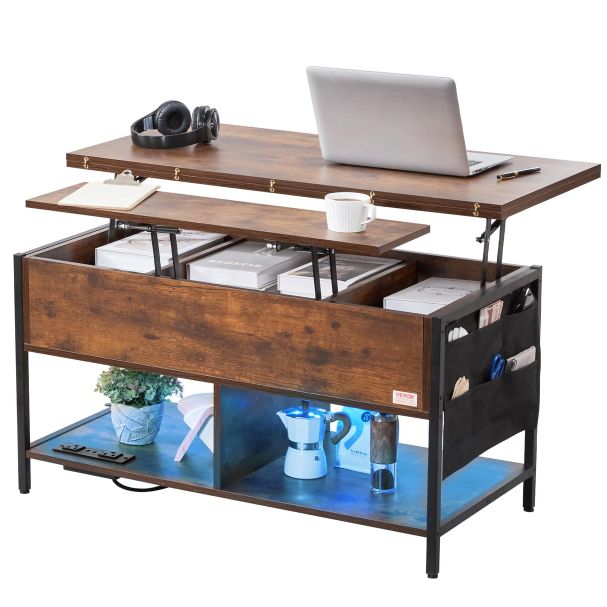 VEVOR 4-in-1 Lift Top Coffee Table with USB/Power Outlet/LED Light, Multi-Function Convertible Coffee Table with Storage and Hidden Compartment, Converts to Dining Table for Living Room, Home Office VEVOR