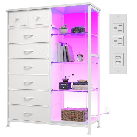 EnHomee Dresser for Bedroom with LED Lights & Power Outlets Dresser with 8 Drawers Fabric Dressers & Chests of Drawers for Bedroom, Sturdy Metal Frame, Acrylic Plates (White) EnHomee