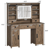 AOGLLATI Farmhouse Makeup Vanity Desk with Lights & Charging Station,Vanity Desk with Mirror and Lights, 47.2” Large Brown Vanity Table with Ample Storage Space and Sliding Mirror (Oak Brown) AOGLLATI