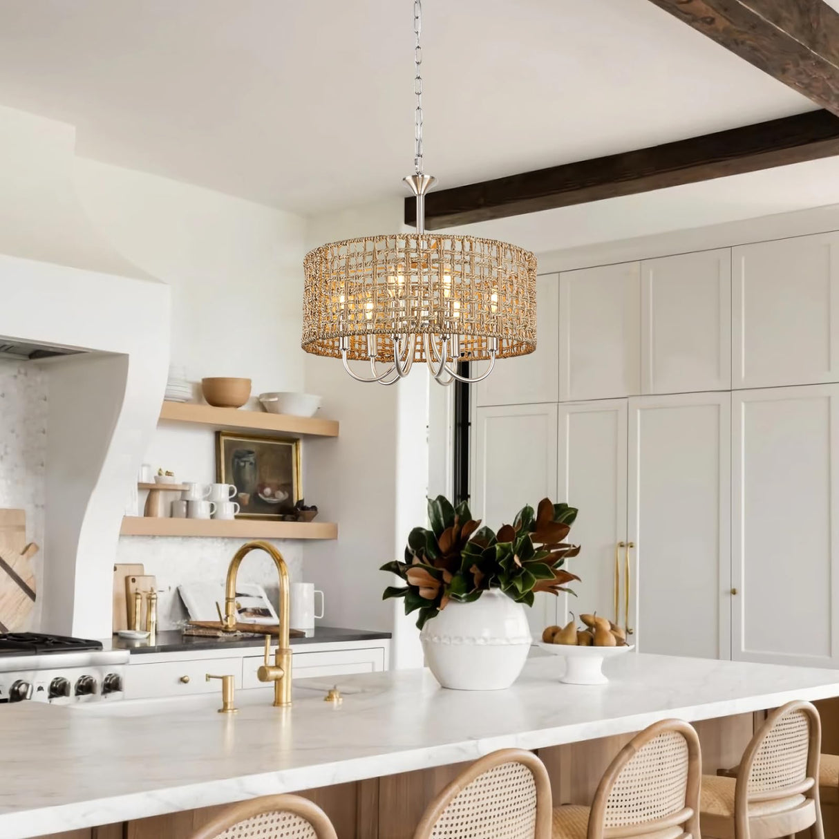 LynPon 17.7" Brushed Nickel Boho Rattan Chandeliers for Dining Room, 6-Light Seagrass Pendant Light Fixtures with Hand Woven Wicker Shade, Farmhouse Drum Chandelier for Living Room Kitchen Hallway LynPon