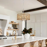 LynPon 17.7" Brushed Nickel Boho Rattan Chandeliers for Dining Room, 6-Light Seagrass Pendant Light Fixtures with Hand Woven Wicker Shade, Farmhouse Drum Chandelier for Living Room Kitchen Hallway LynPon