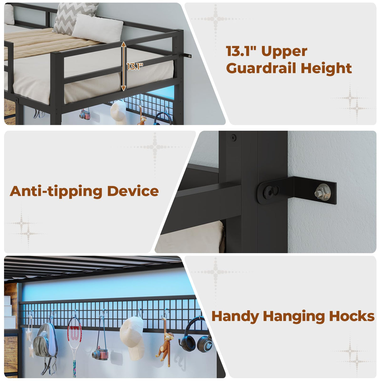 BTHFST Twin Loft Bed with Desk & 8 Drawers Tall Dresser, Metal Loft Bed with LED Lights & Charging Station, 2-Tier Storage Shelves, Stable & Sturdy, Noise Free, Rustic Brown and Black BTHFST