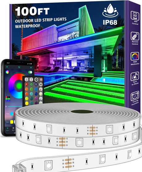 AILBTON 100ft Outdoor LED Strip Lights Waterproof,IP68 Outside Led Light Strips Waterproof with Bluetooth App Remote Control,Music Sync RGB Exterior Led Rope Lights,for Balcony,Deck,Roof,Garden,Pool AILBTON
