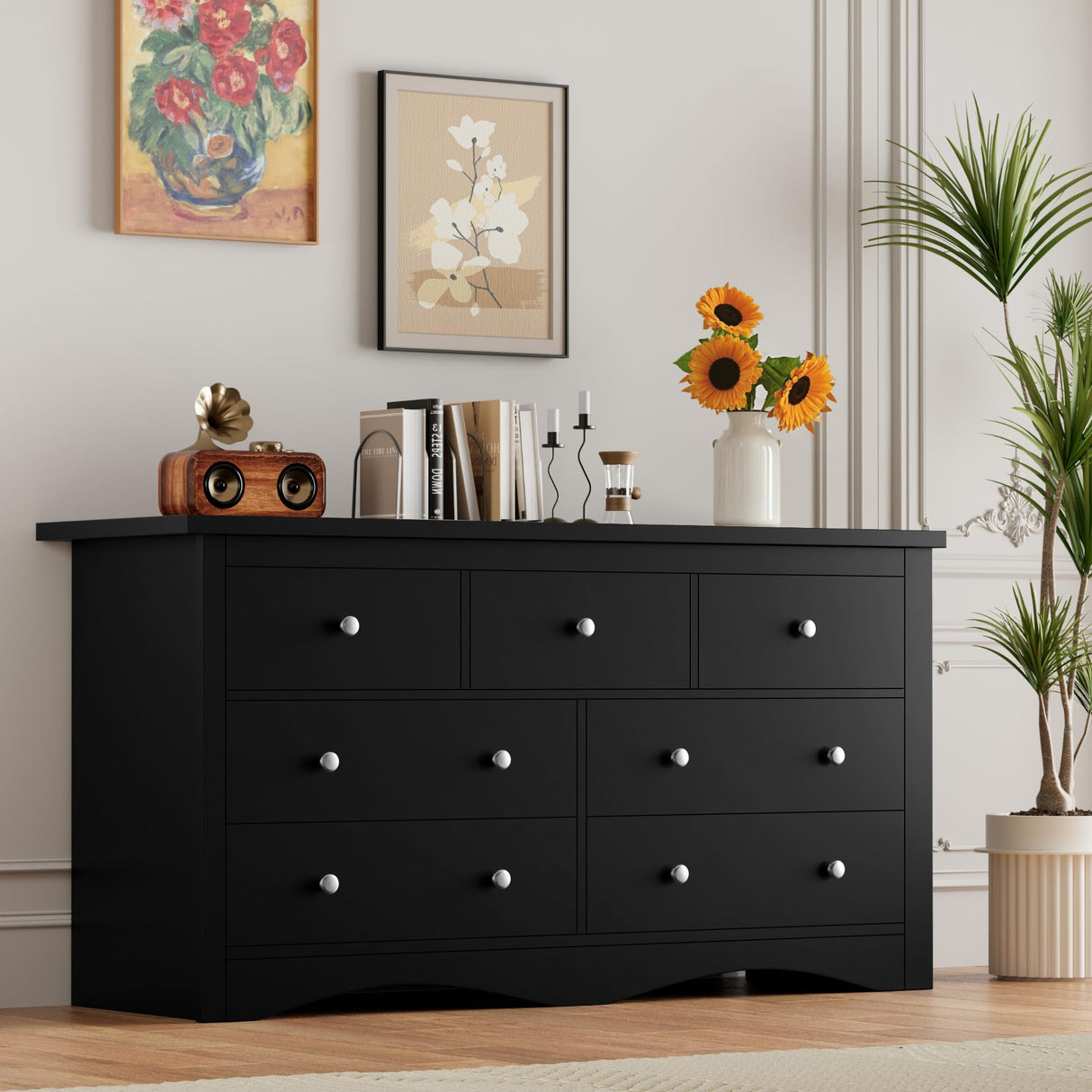 Furmax Dresser for Bedroom, 7 Wood Dresser, Chest of Drawers, for TV up to 65 inch, TV Stand Storage Chest of Drawers for Hallway Entryway (Black) Furmax