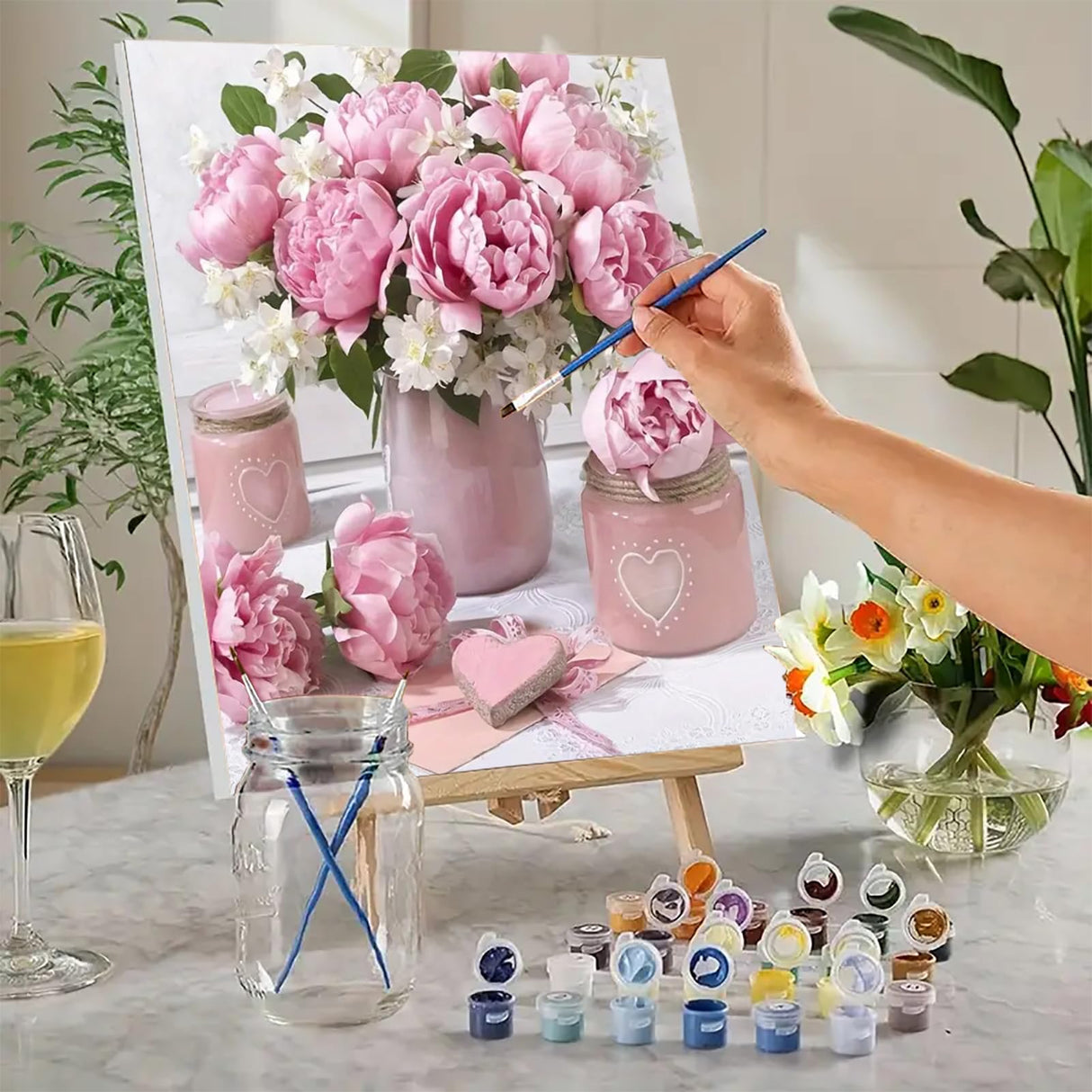 MaiMMaledy Paint by Numbers Kit for Adults Beginners Canvas Pictures with Framed Drawing Painting Acrylic Pigment with Wooden Triangle Easel Pink Flowers 8Wx12L inch MaiMMaledy