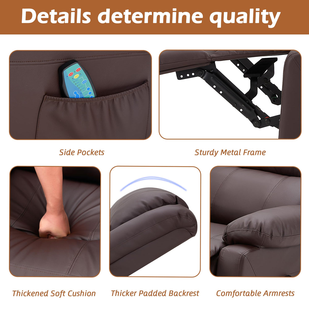 JFHID Reclining Loveseat with Massage&Heat Function, Recliner Loveseat Sofa 2-Seater Modern Manual Control Faux Leather RV Couch, Home Theater Seating Lounge Seat with Side Pockets, Brown JFHID