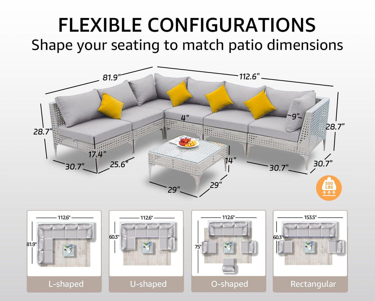 NICESOUL 7 Pieces 25.6" Deep Seat Patio Conversation Sets, White Open Weave Rattan Durable Patio Sectional Sofa, Weather Resistant Outdoor Seating Set for Backyard Terrace Porch, Light Grey NICESOUL