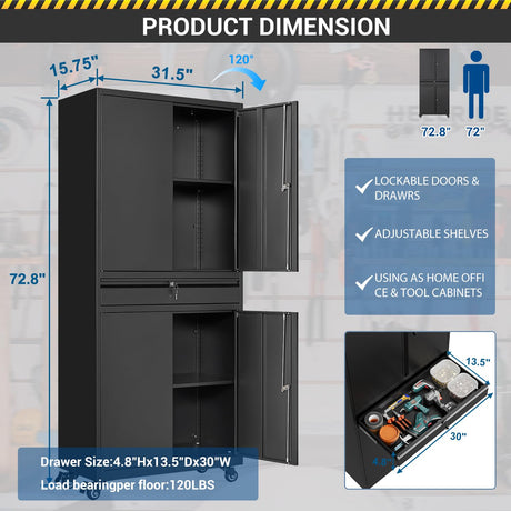Fesbos 73" Metal Cabinet-Black Heavy Duty Rolling Storage Cabinet Steel Tool Cabinets with Wheels, Shelves, Lockable Doors and Drawers- for Garage, Pantry, Warehouse Home Office- Assembly Required Fesbos