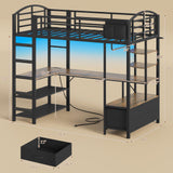 Loft Bed Twin Size with L Shape Desk,4 Drawers,Cloth hanging rack,2-Tier Storage Shelves Metal Loft Bed Frame with Power Outlet and LED Lighted,No Box Spring Needed,Space-Saving,Noise Free (Black) UPOSOJA