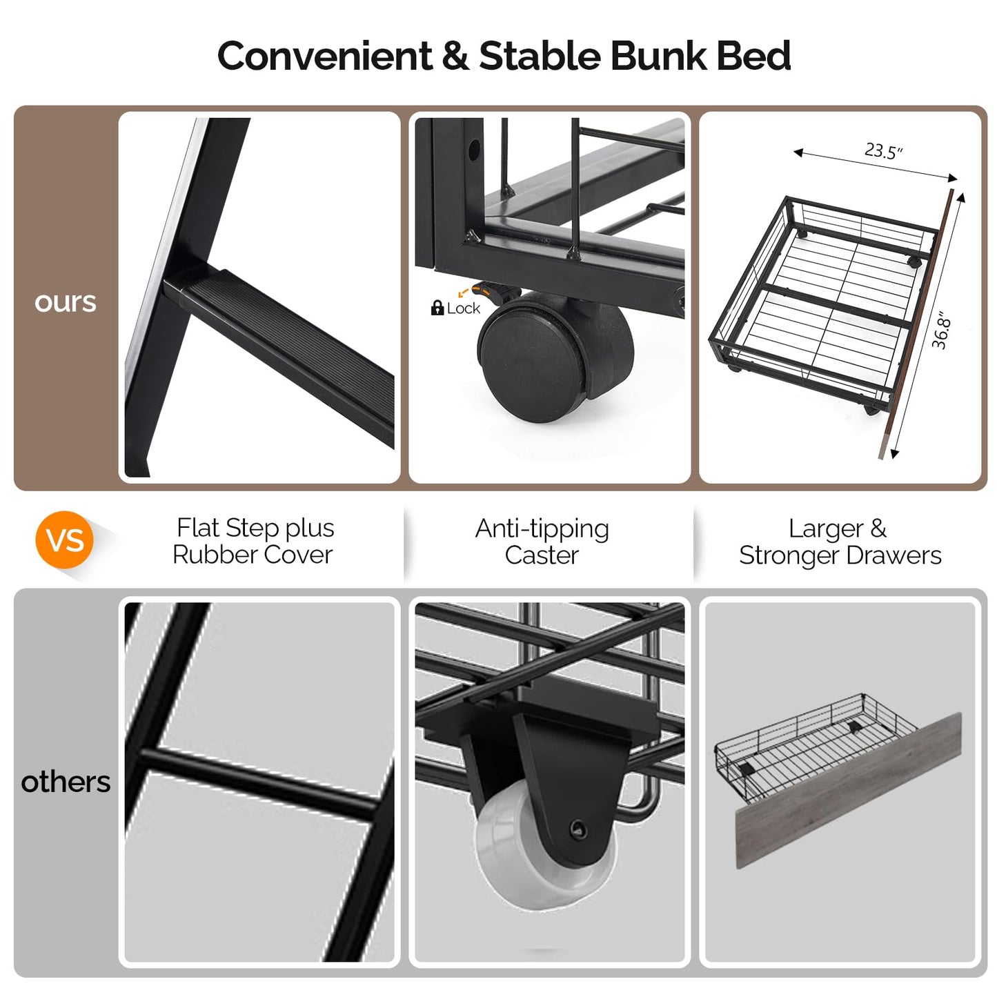 VINGLI Bunk Bed Twin Over Full Size with 2 Storage Drawers/Flat Rungs/Inclined Ladder, Heavy Duty Metal Slat Support, No Box Spring Needed, Black/Industrial Brown