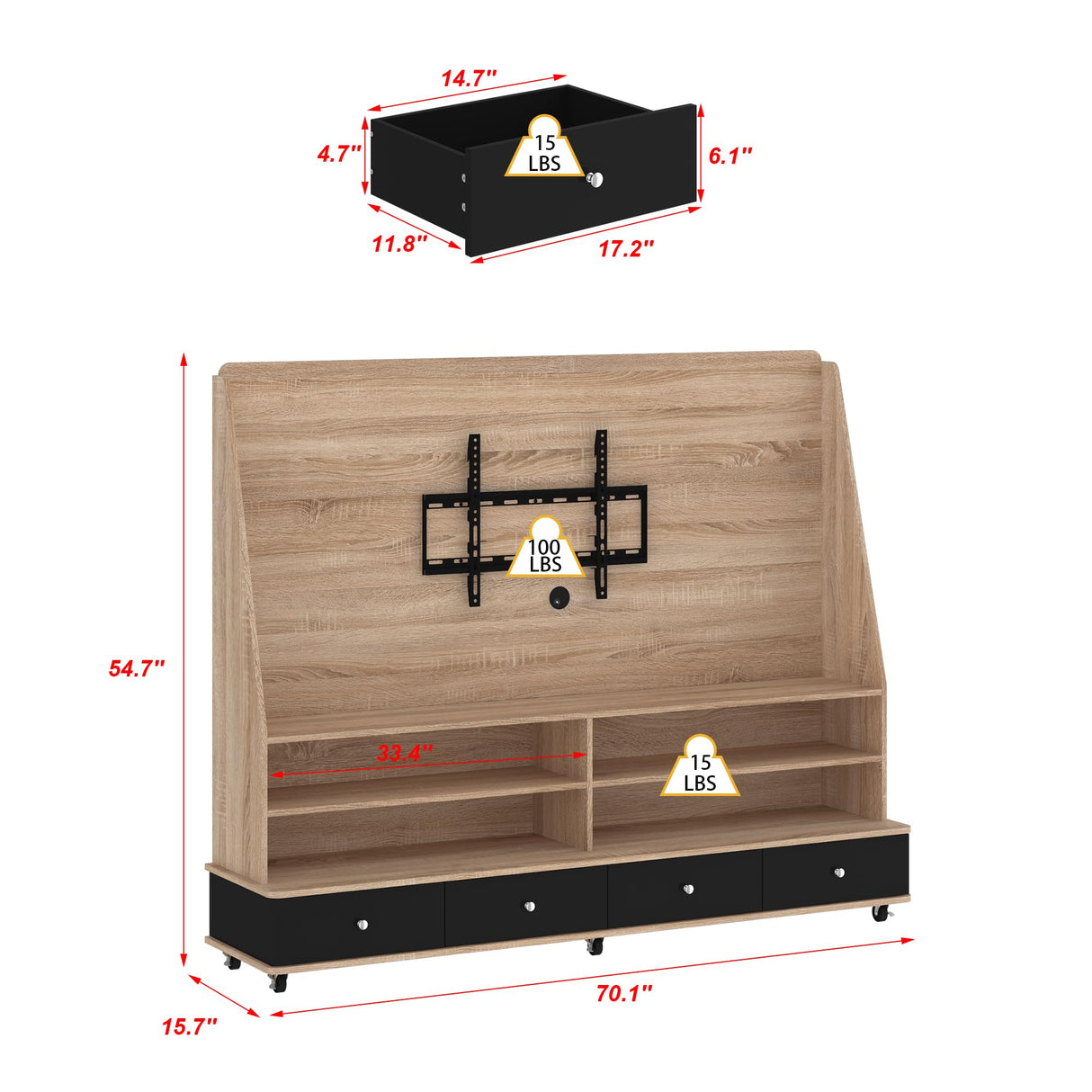 Homsee 70" W Mobile Wall Unit Entertainment Center with Height Adjustable TV Mount Stand for TVs up to 65", Rolling TV Stand Media Console Table with Storage Shelves & Drawers for Living Room, Oak Homsee