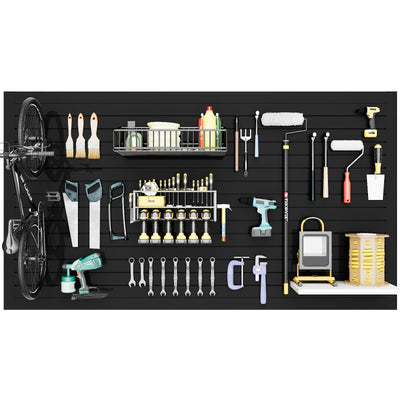 Noliven Slatwall Panel Wall Storage Systems, 4x8 ft Slat Wall Paneling Garage Wall Organizer with Six Hooks, Heavy Duty Wall Mounted PVC Wall Rack, Black