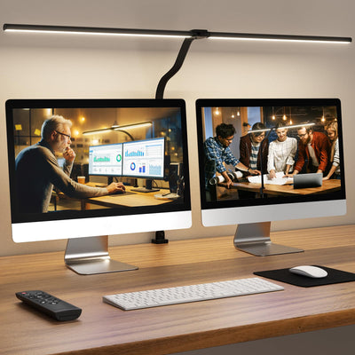 APMIEK LED Desk Lamp for Home Office, Remote Control Computer Desk Light Bright Table Lamp for Study Dimmable Desk Lighting with Clamp Adjustable Gooseneck, Double Head, 24W, Black