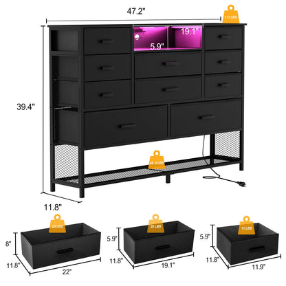 Harpaq Black Dresser for Bedroom with 10 Drawers, Dresser with Charging Station, TV Stand Dresser with LED Light for 55" TV, Fabric Drawer Dresser with PU Finish, Dresser with Shelves for Closet