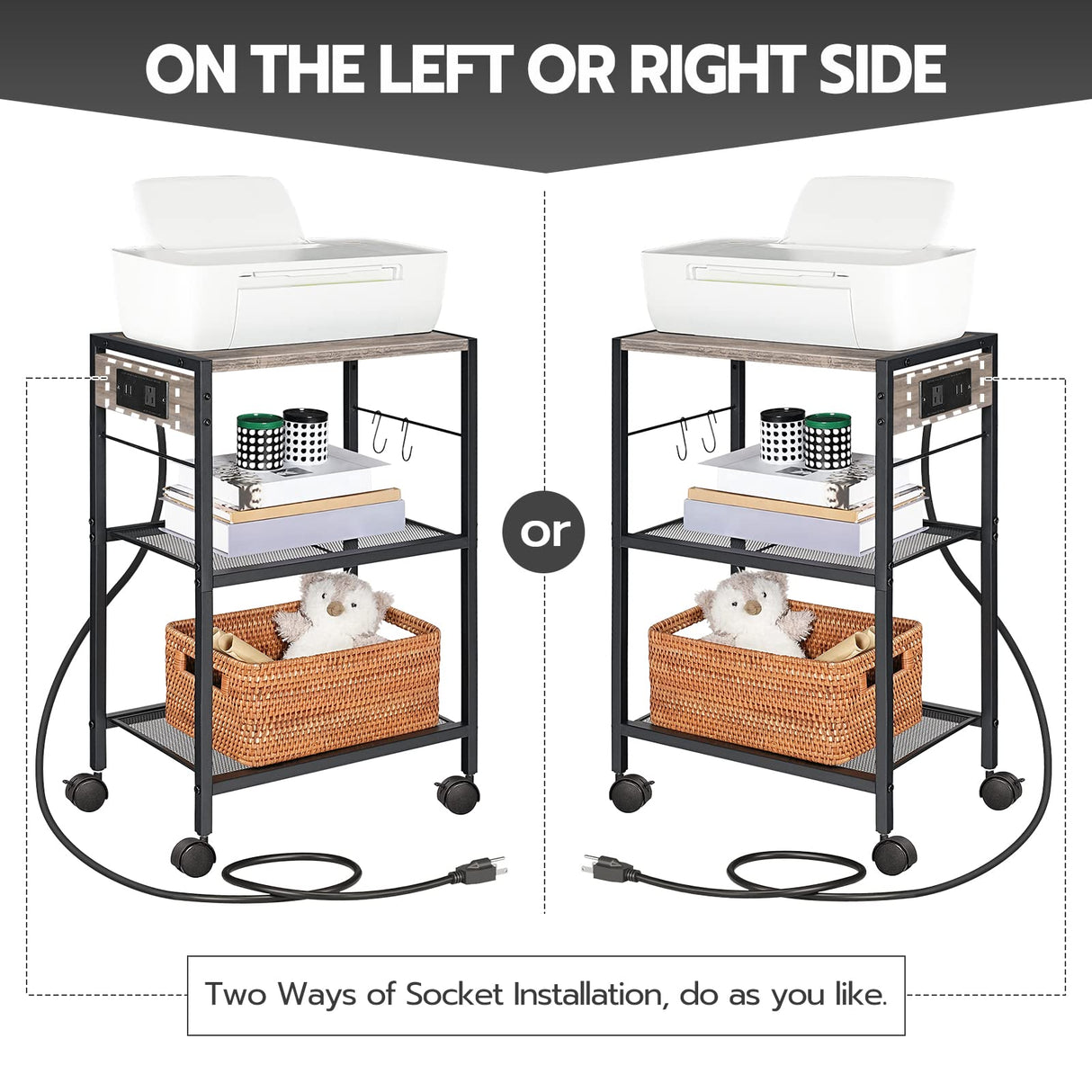 HOOBRO Industrial Printer Stand, 3-Tier Mobile Printer Table, Rolling Cart with Power Outlets and USB Ports, Home Printer Stand with 2 Hooks, for Office, Living Room, Greige and Black BG22UPS01 HOOBRO