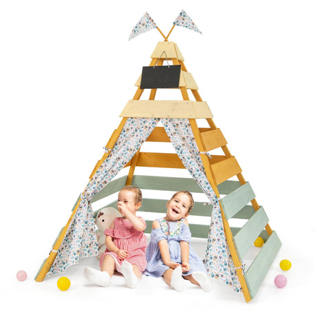 Costzon Kids Tent, Large Wooden Indoor Outdoor Triangle Hideaway Playhouse with Machine Washable Flags, Removable Chalkboard & Door Curtains, Teepee Tent for Kids Children 3-8 Years Old Costzon