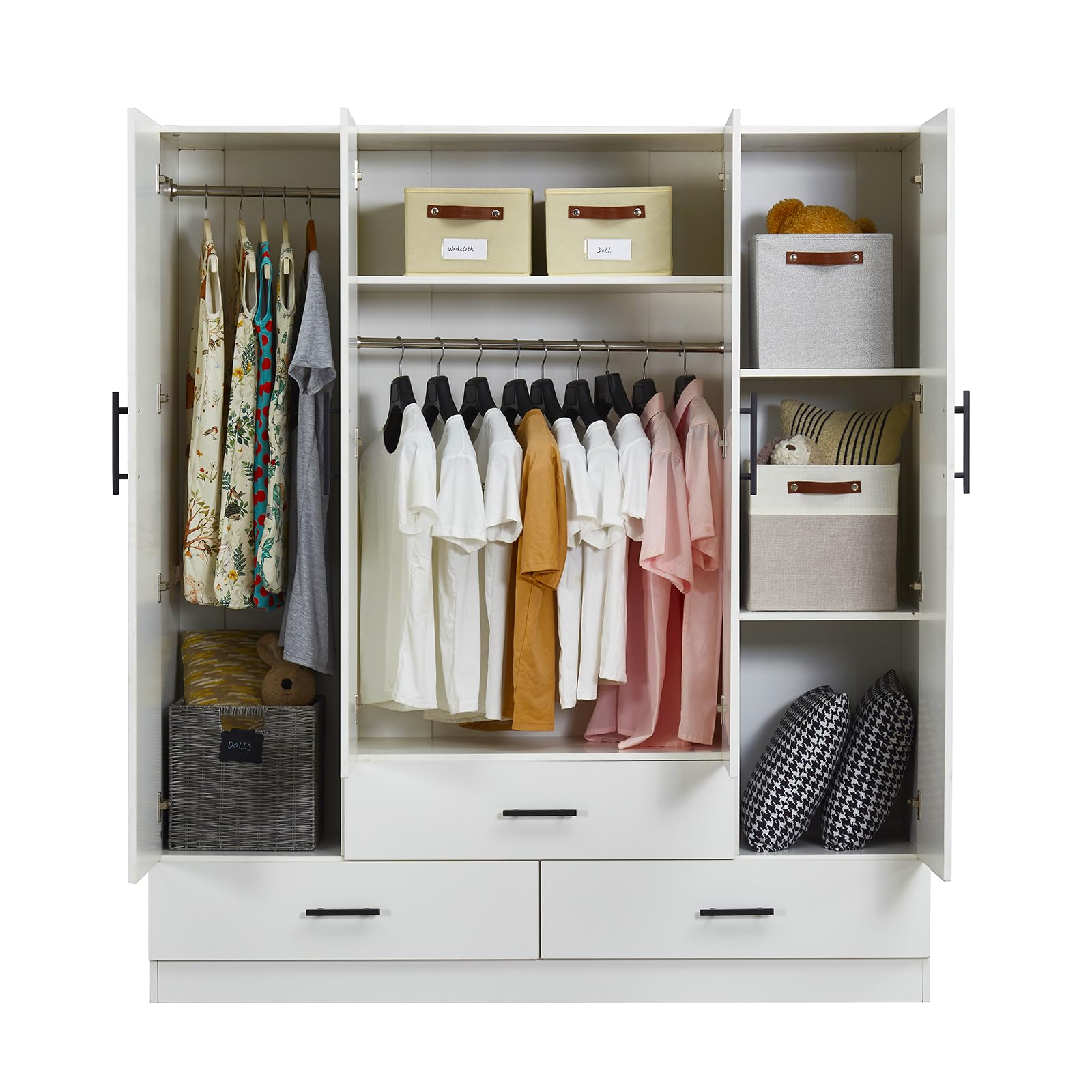 TemkTuek Wardrobe Closet with Doors- 4 Door Wood Wardrobe Bedroom Closet with Clothing Rod Inside Cabinet, 3 Drawers for Storage and Mirror, Bedroom Armoire Wardrobe Closet - WoodArtSupply