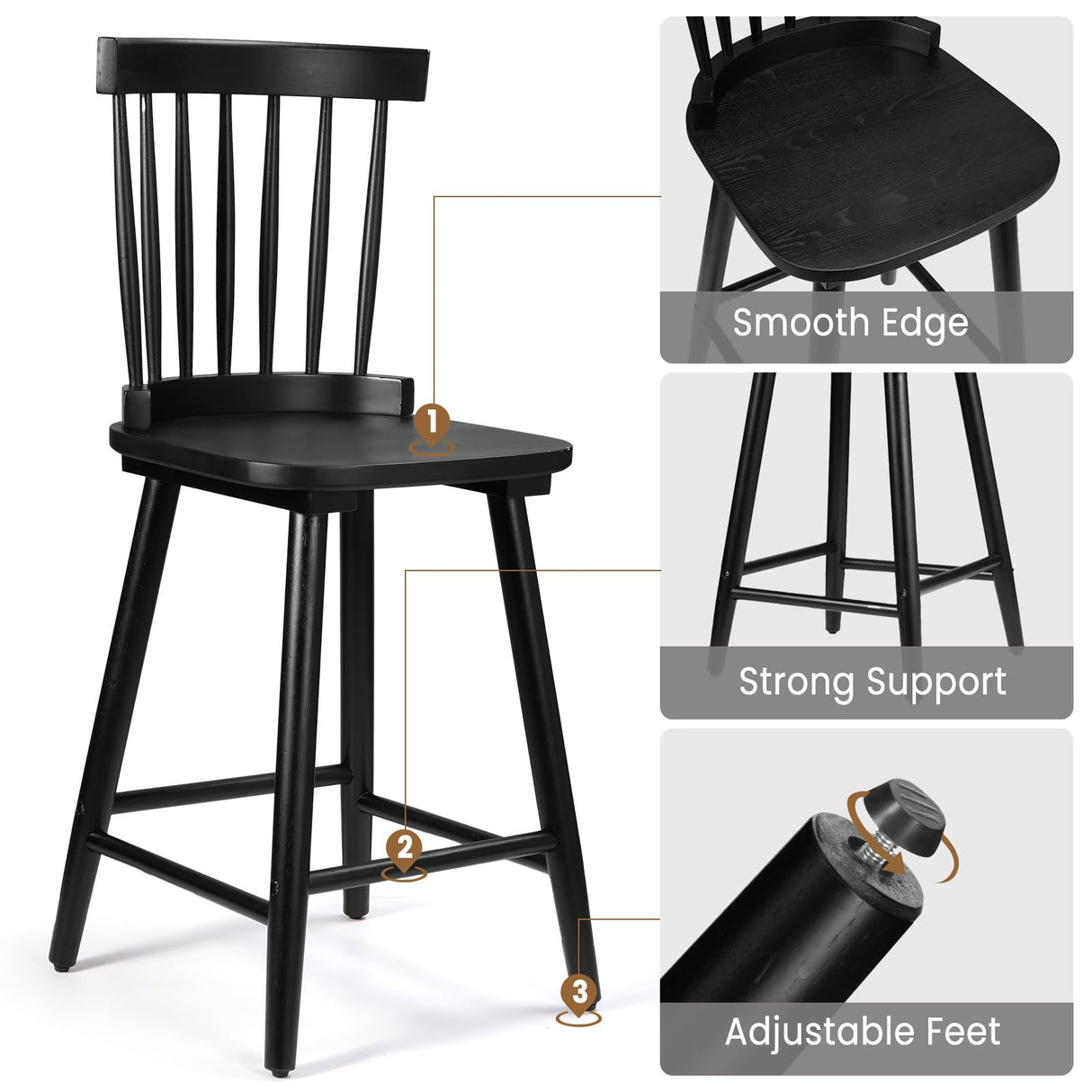 Unovivy 24" Windsor Wooden Bar Stools Set of 4, Farmhouse Counter Height Barstool with Spindle Back, Widen Seat, Modern Mid-Century Country Style, for Kitchen Island Dining Room, Black Unovivy