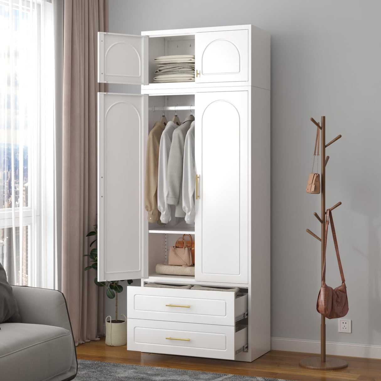 SteeLoong 86" Metal Armoire Wardrobe Closet with 2 Drawers,Tall Clothing Storage Cabinet with Adjustable Shelves and Hanging Rod,White Wardrobe Closet for Bedroom,Home,Office,Gym SteeLoong