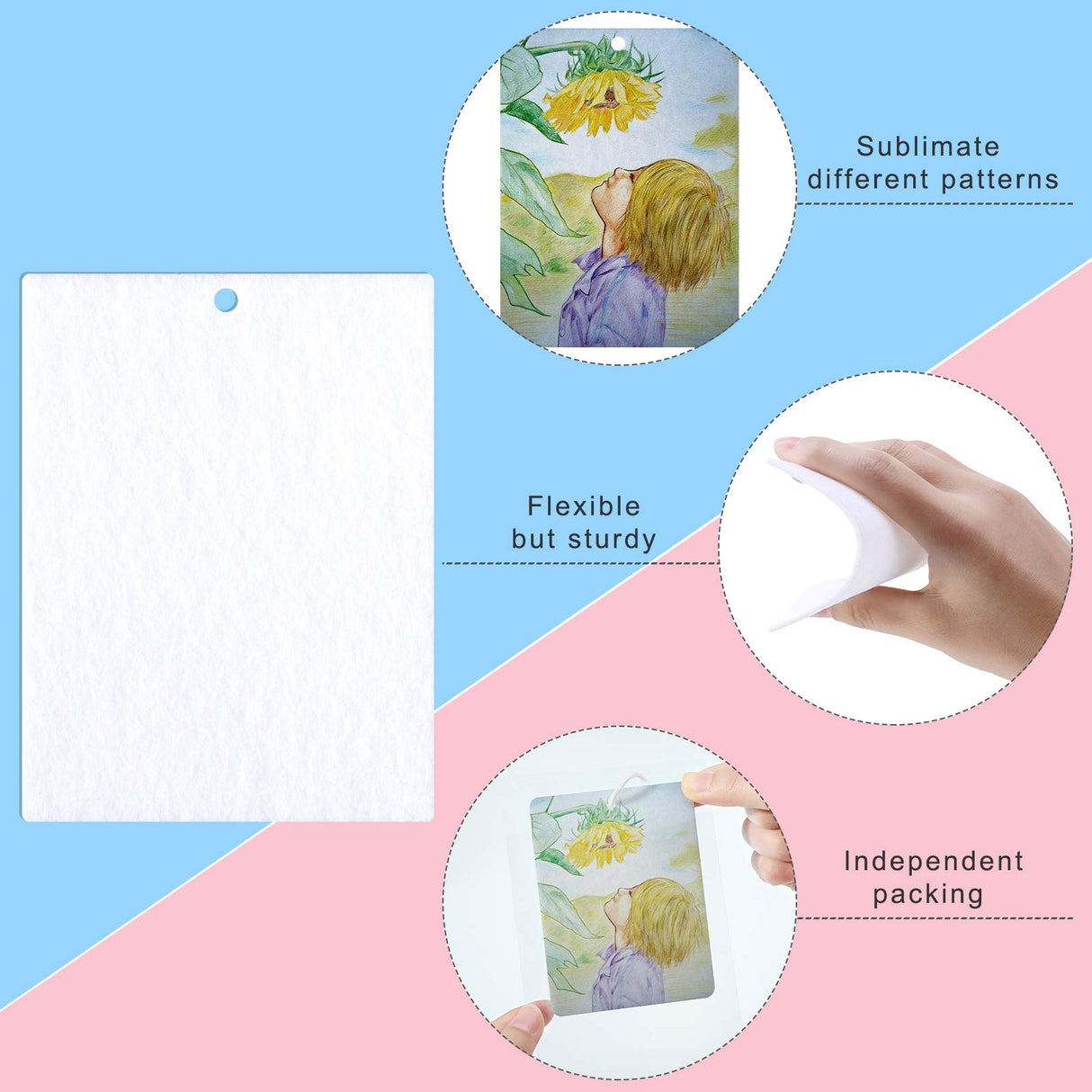 100 Pieces Sublimation Air Fresheners Blanks Sheets Car Scented Hanging Sheets DIY Felt Air Freshener Rectangle Fragrant Sheets with 100 Pieces Bags and Rope for Most Car Decoration Maitys
