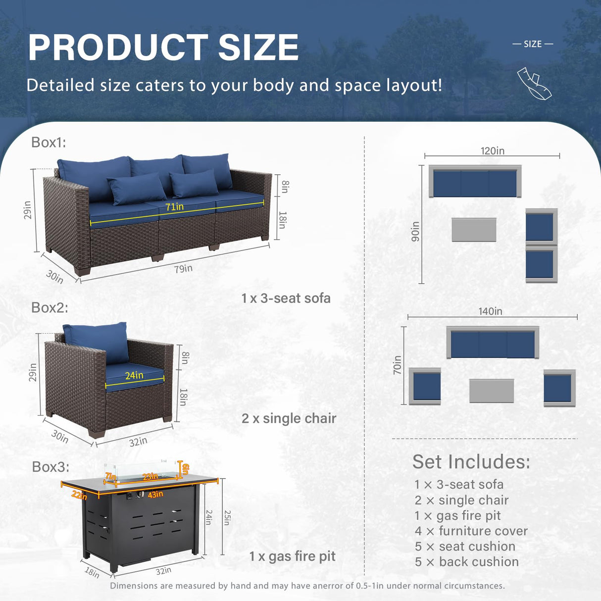 4 Piece Patio Furniture Set 45 Inches Fire Pit Table Outdoor Furniture Sets Patio Couch Outdoor Chairs 50000 BTU Propane Fire Pit with Non-Slip Cushions and Waterproof Covers, Navy Blue Rattan Star