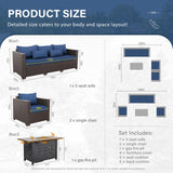 4 Piece Patio Furniture Set 45 Inches Fire Pit Table Outdoor Furniture Sets Patio Couch Outdoor Chairs 50000 BTU Propane Fire Pit with Non-Slip Cushions and Waterproof Covers, Navy Blue Rattan Star