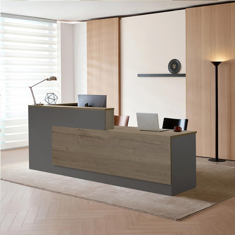 Huariifowm Modern L Shape Reception Desk with Counter,Stylish Front Desk Reception Counter with Drawers, Open Shelves, and Keyboard Tray (Tobacco Wood+Iron Gray/Right, 79" L*24" W*41" H) Huariifowm