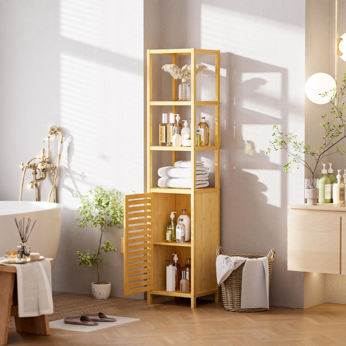 HITNET Bathroom Floor Cabinet, 6 Tier Tall Thin Linen Tower Storage Cabinet Free Standing Bamboo, Kitchen Side Organizer with 3 Shelves and Cupboard, Natural HITNET