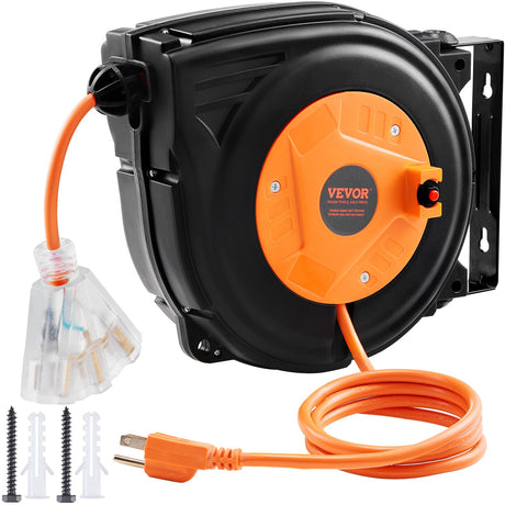 VEVOR Retractable Extension Cord Reel, 30 FT, Heavy Duty 16AWG/3C SJTOW Power Cord, with Lighted Triple Tap Outlet 10 Amp Circuit Breaker, for Ceiling or Wall Mount Garage and Shop, ETL Listed VEVOR
