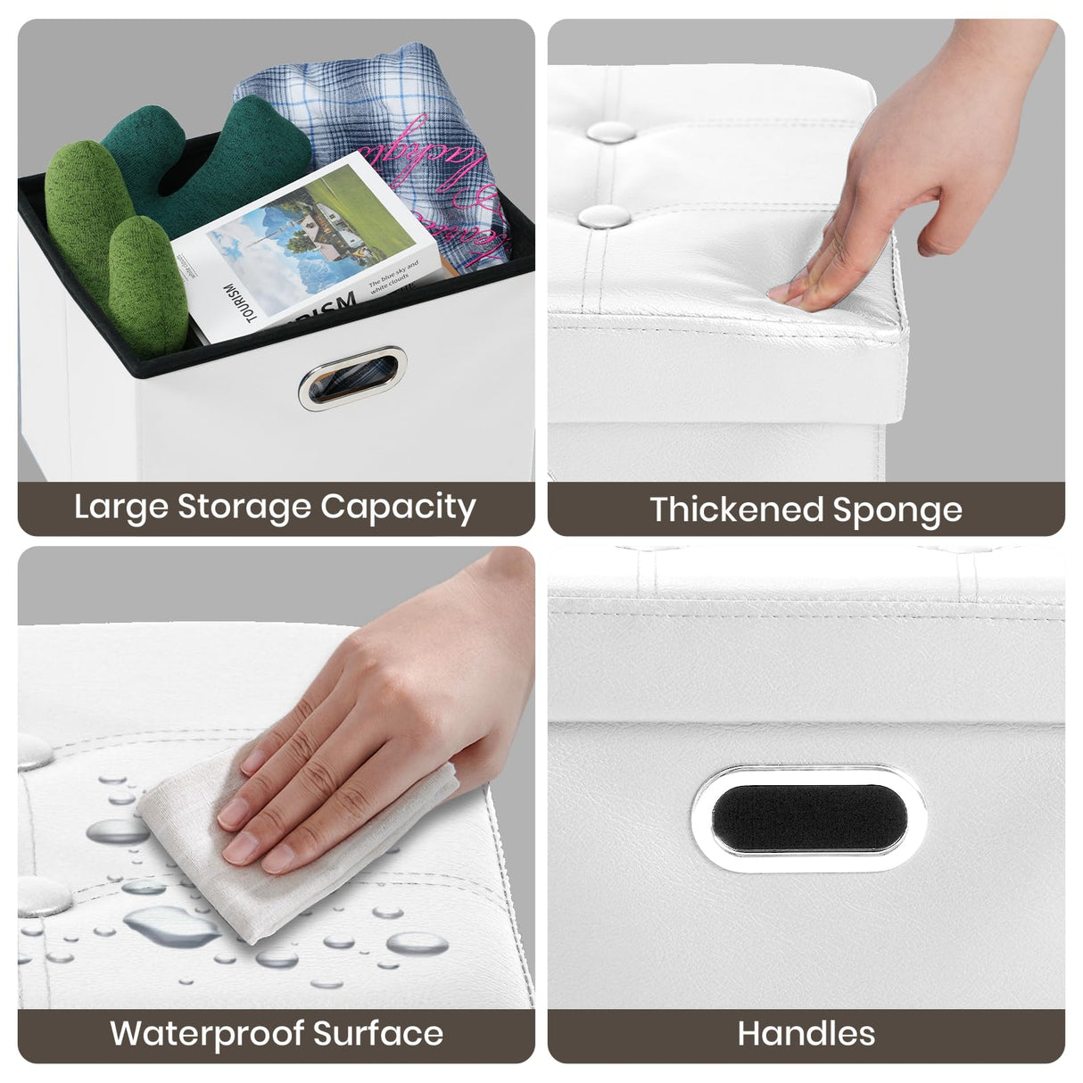 COSYLAND Storage Ottoman 17x13x13in Leather Ottoman Rectangle Foot Rest Foot Stool Folding Ottoman for Room Dorm Small Collapsible Bench Seat Organizer Entryway Furniture with Handles Lid White COSYLAND