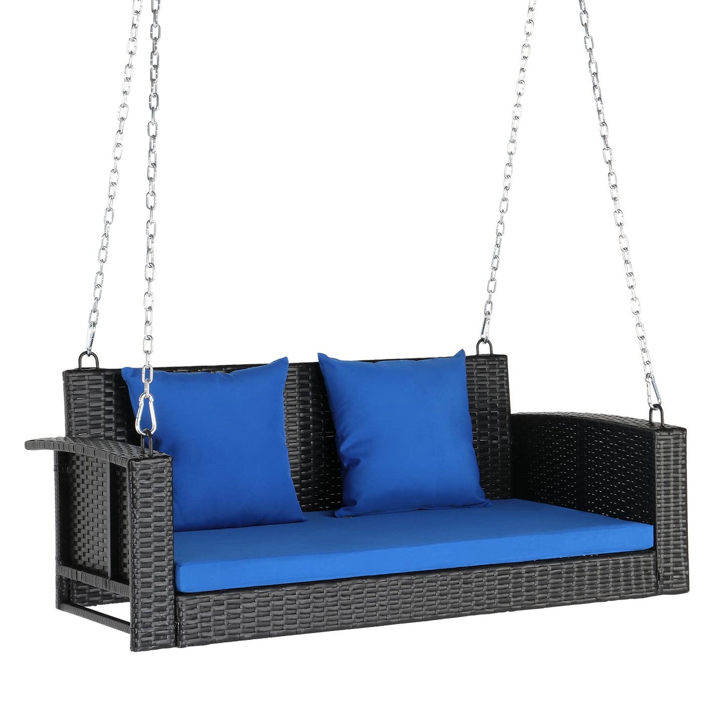 VINGLI Heavy Duty 800 LBS Wicker Hanging Porch Swing with Cushions & Chains, 4FT Outdoor Rattan Swing Bench for Garden, Yard, Lawn (Black+Blue) - WoodArtSupply