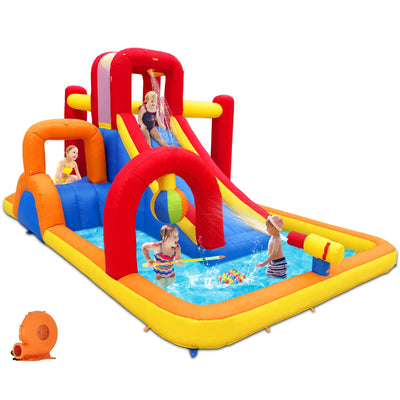 Hongcoral Inflatable Water Slide, 10 in 1 Water Park Bounce House with Blower, Splash Pool, 2 Slides, Water Cannon, Climbing Wall, Blow up Water Slides for Kids Outdoor Backyard