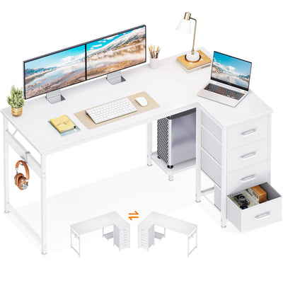 Casaottima L Shaped Desk with 4 Drawers, 47" White Computer Desk with Storage, Reversible Kids Study Table with CPU Stand & Hook, Corner Work Table for Home Office