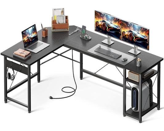 Coleshome L Shaped Computer Desk 66" with Power Outlet & Storage Shelves, Corner Sturdy Writing Desk Workstation, Modern Wooden Office Gaming Desk, Wood & Metal, Black