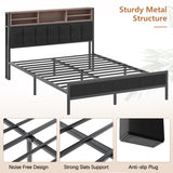 VECELO Farmhouse Metal Bed Frame Twin Size with Wooden Headboard & Footboard, Solid Platform Mattress Foundation with Storage, LED Light, Charging Station, USB Ports, Noise-Free, Easy Assembly, Black VECELO