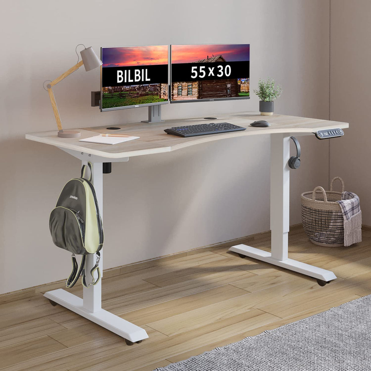 bilbil Electric Standing Desk 55 x 30 Inches, Height Adjustable Sit Stand Desk with Splice Board, Casters with Brake, White Frame/Oak and White Top bilbil