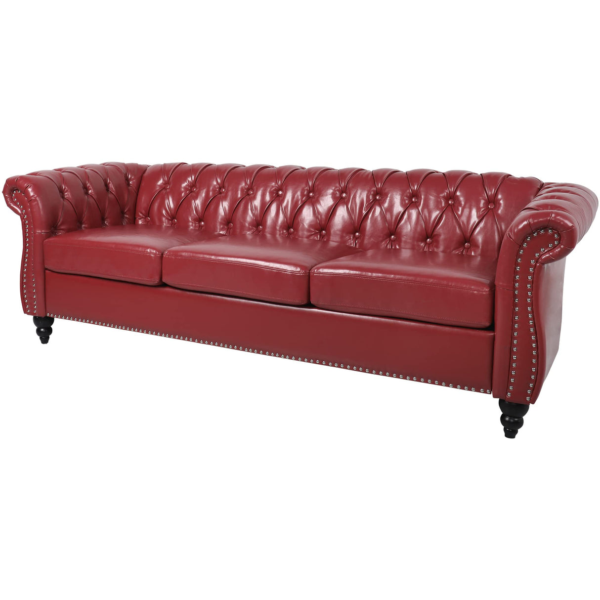 PHOYAL 3 Seater Sofa, Faux Leather Chesterfield Sofa Modern Tufted Couch 3 Seater Large Sofa with Scroll Arms and Nailhead for Living Room, Claret PHOYAL