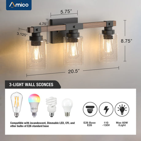 Amico 3-Light Farmhouse Vanity Light Fixture, Rustic Wood Bathroom Light Fixtures, Industrial Vintage Black Wall Sconces Light with Bubble Glass Shade for Mirror, Bedroom, Living Room, Hallway Amico